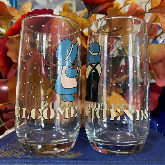 (2) Welcome Friends Anchor Hocking‎ 1988 Drinking Glasses Pair Vintage Cute - Picture 2 of 6